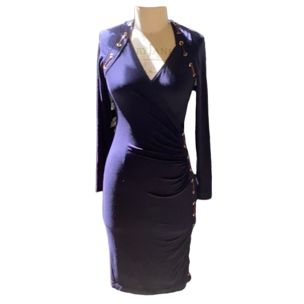 Carmen Marc Volvo Long Sleeve blue V neck leather trim Dress Size S